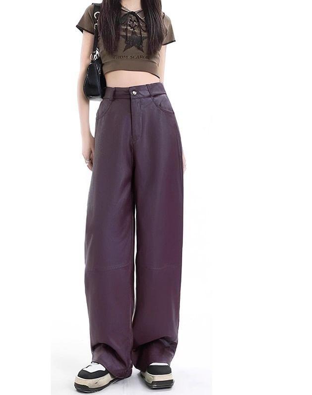 High Waist Plain Faux Leather Cropped Tapered Pants Product Image