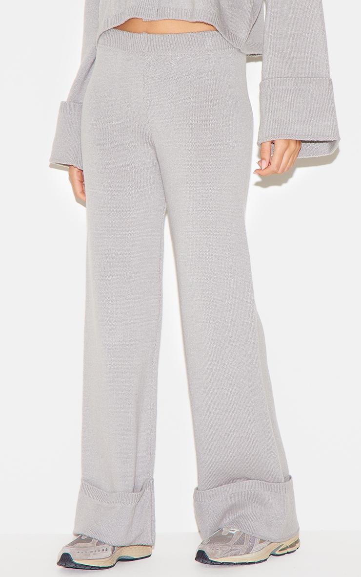 Grey Turn Up Hem Knit Pants Product Image