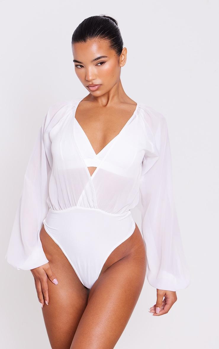 White Chiffon Balloon Sleeve Plunge Bodysuit Product Image