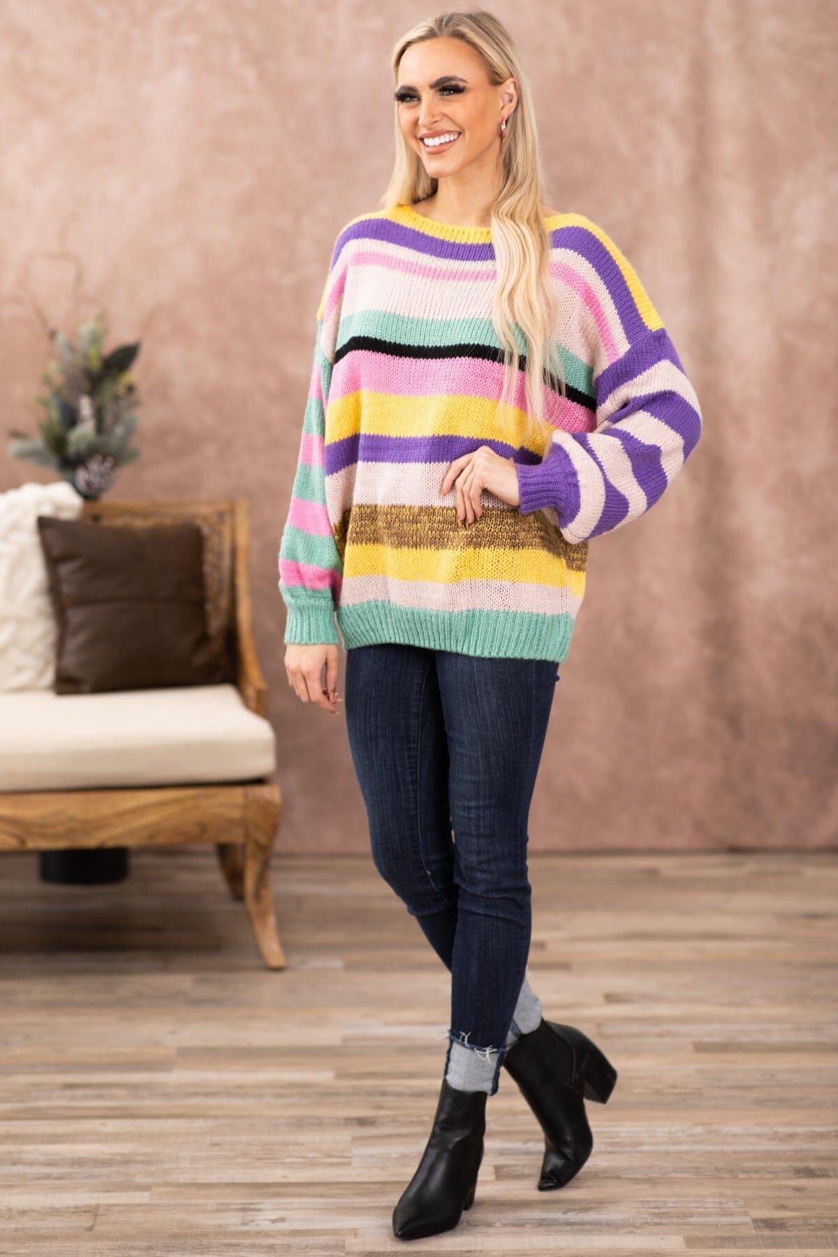 Purple Multicolor Stripe Boat Neck Sweater Product Image