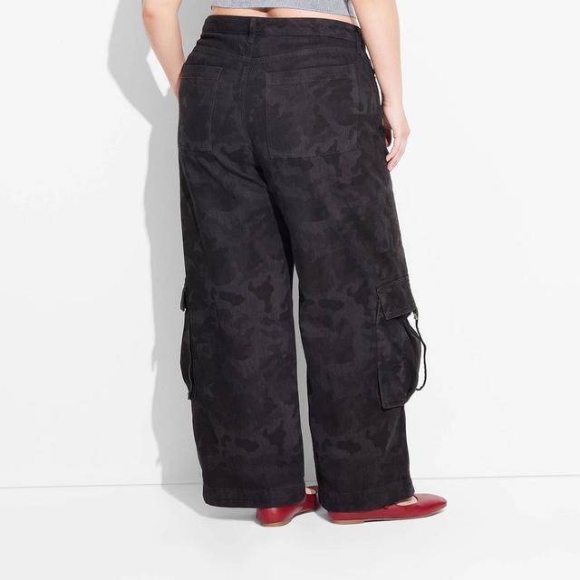 Womens Mid-Rise Wide Leg Cargo Baggy Pants - Wild Fable Black Camo 26 Product Image