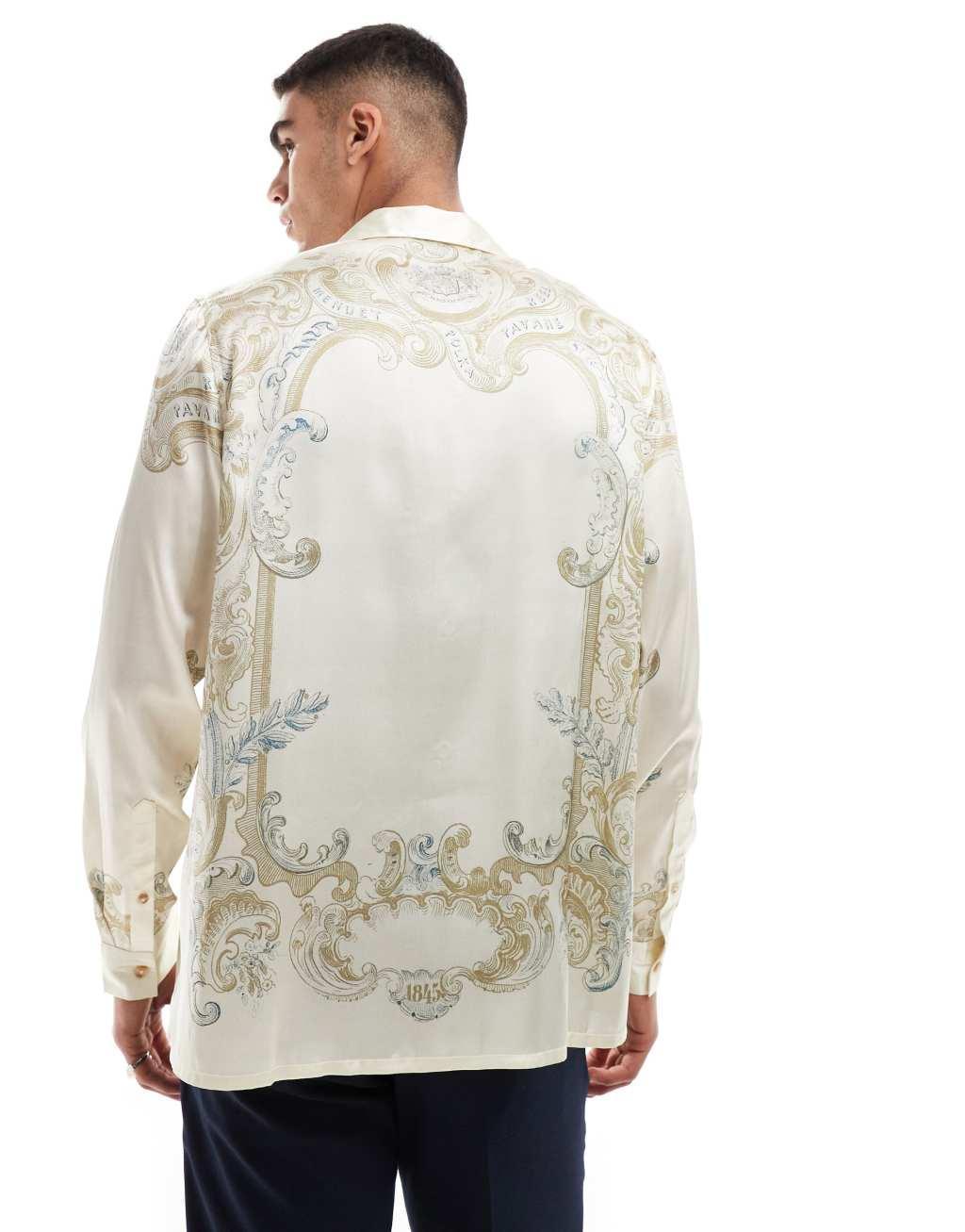 ASOS DESIGN relaxed revere shirt with ornate print in cream  Product Image