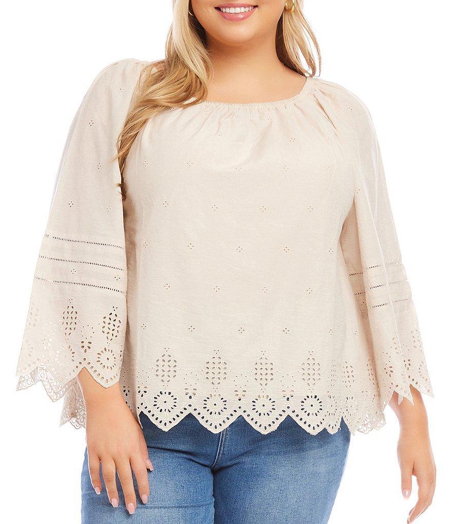 Karen Kane Plus Size Eyelet Scoop Neck Long Sleeve Scalloped Hem Peasant Top Product Image