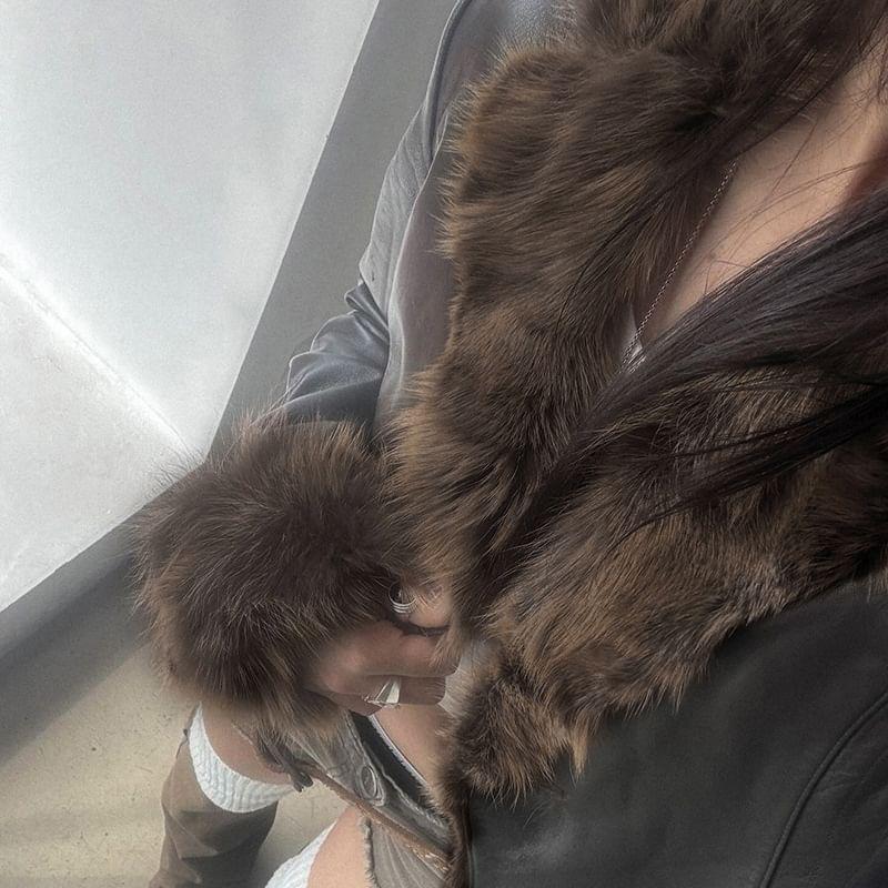 Long Sleeve Faux Fur Trim Faux Leather Jacket Product Image