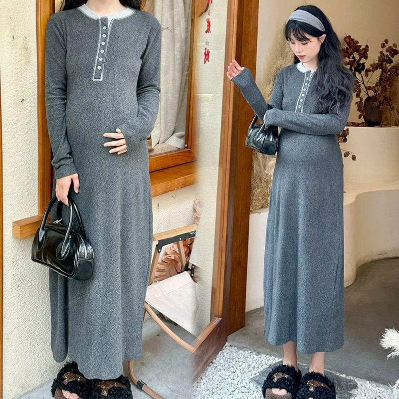 Maternity Long-Sleeve Crew Neck Contrast Trim Half-Buttoned Maxi A-Line Dress Product Image