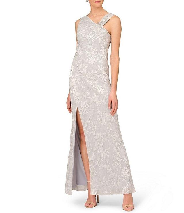 Aidan Mattox Metallic Foil Pleated Asymmetrical Neck Sleeveless Gown Product Image