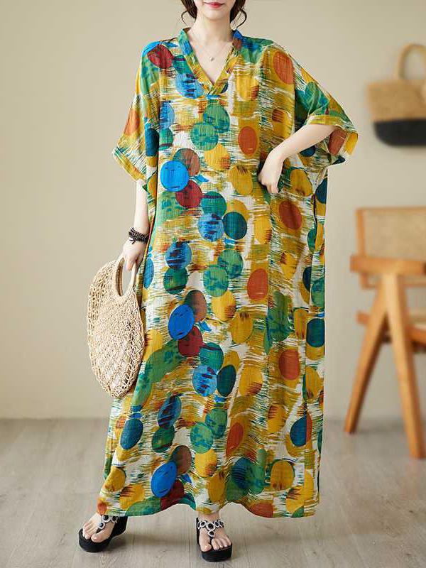 Batwing Sleeves Half Sleeves Contrast Color Polka-Dot V-Neck Maxi Dresses Product Image