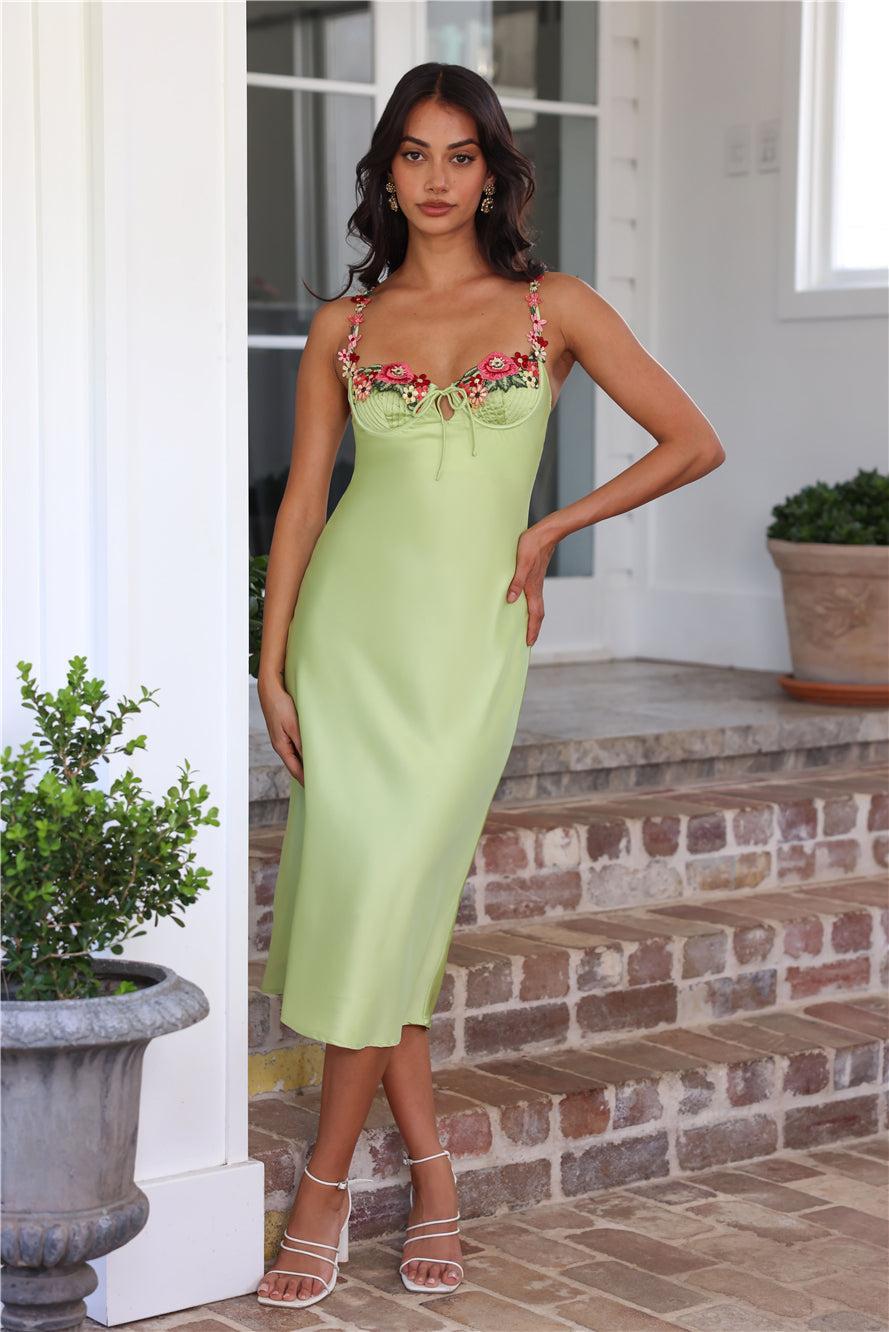 Blooming Relationship Satin Midi Dress Green Product Image