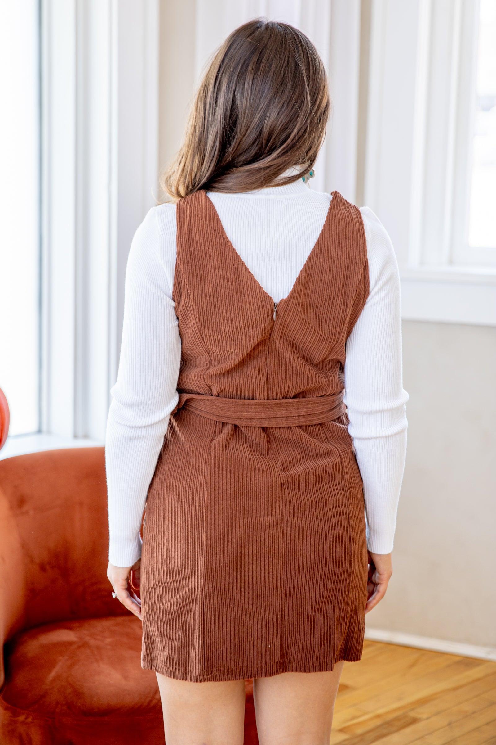 Brown Corduroy Dress With Belt Product Image