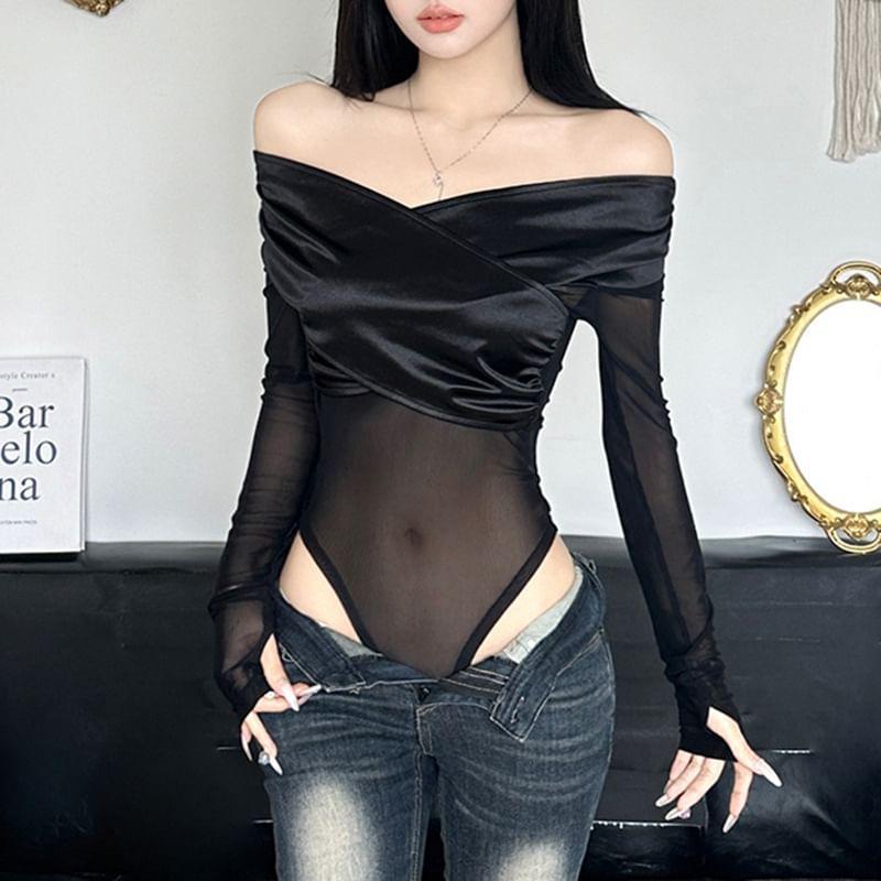 Long-Sleeve Off-Shoulder Plain Mesh Panel Bodysuit Top Product Image