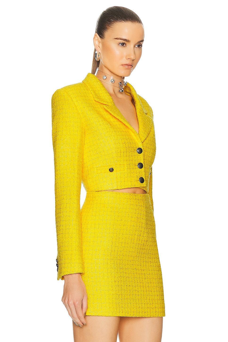 Alessandra Rich Checked Tweed Boucle Cropped Boxy Jacket in Mustard Product Image