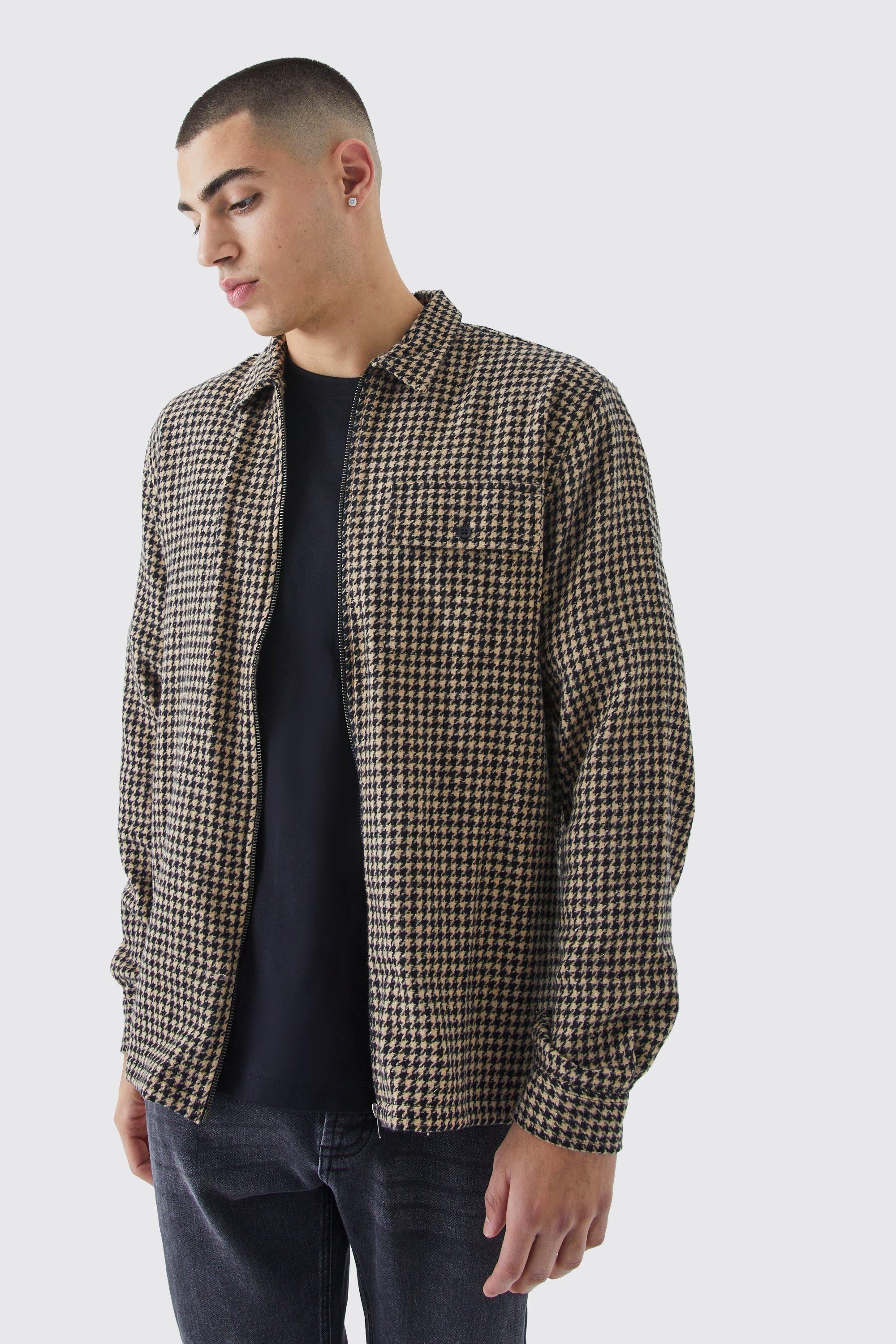 Dogtooth Jacquard Zip Through Overshirt | boohooMAN USA Product Image