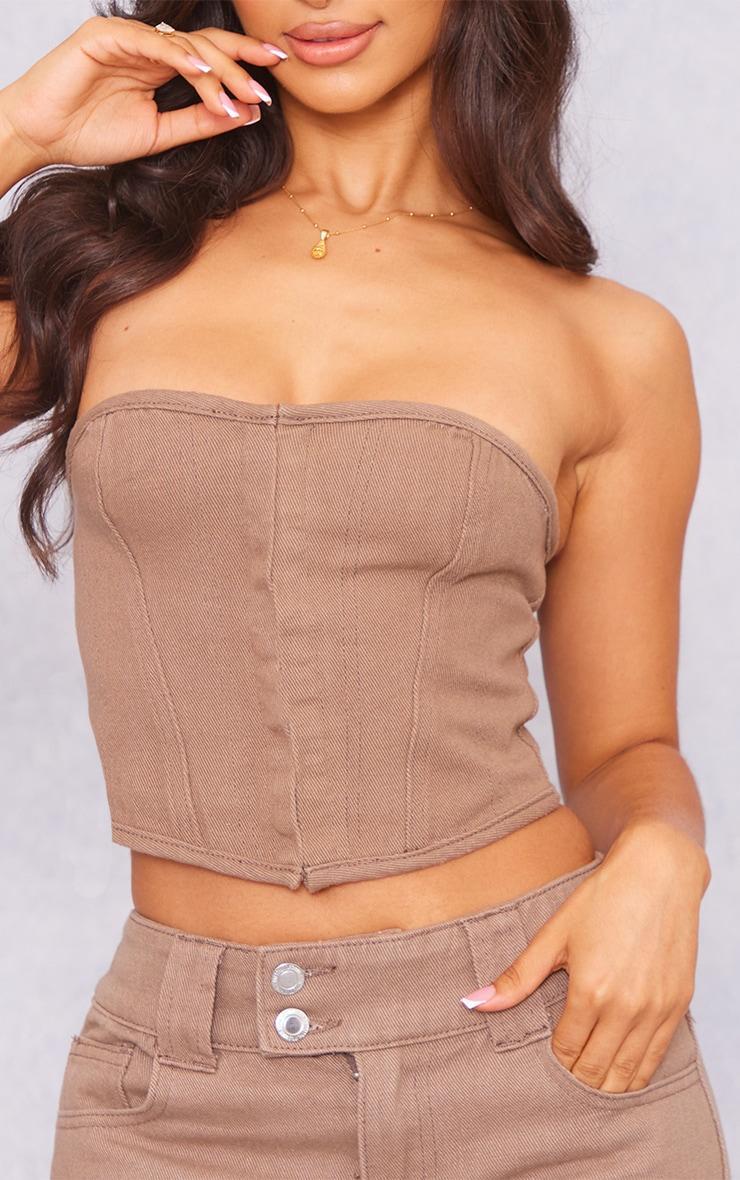 Petite Washed Brown Denim Hook And Eye Corset Top Product Image