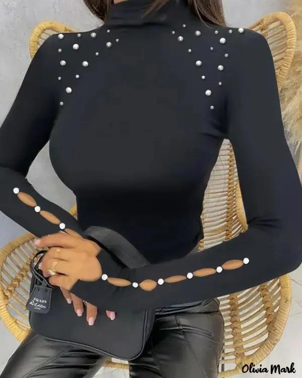 Olivia Mark – Hollow Out Long Sleeve Top with Beaded Decor Product Image