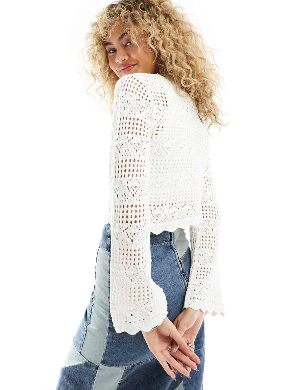 Monki long sleeve crochet top in white Product Image