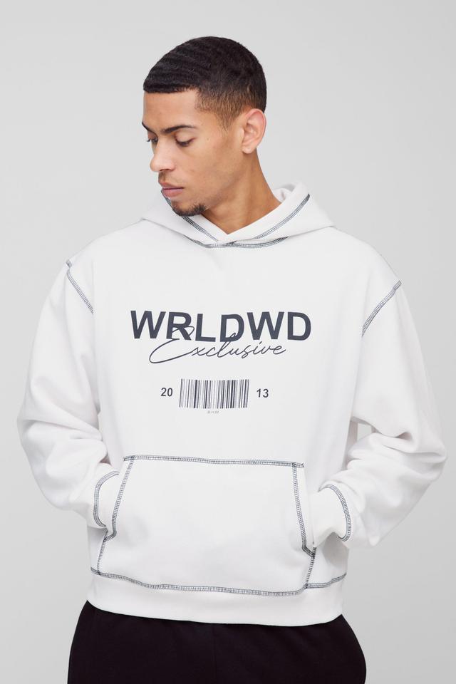 Oversized Boxy Contrast Stitch WRLDWD Graphic Hoodie | boohooMAN USA Product Image