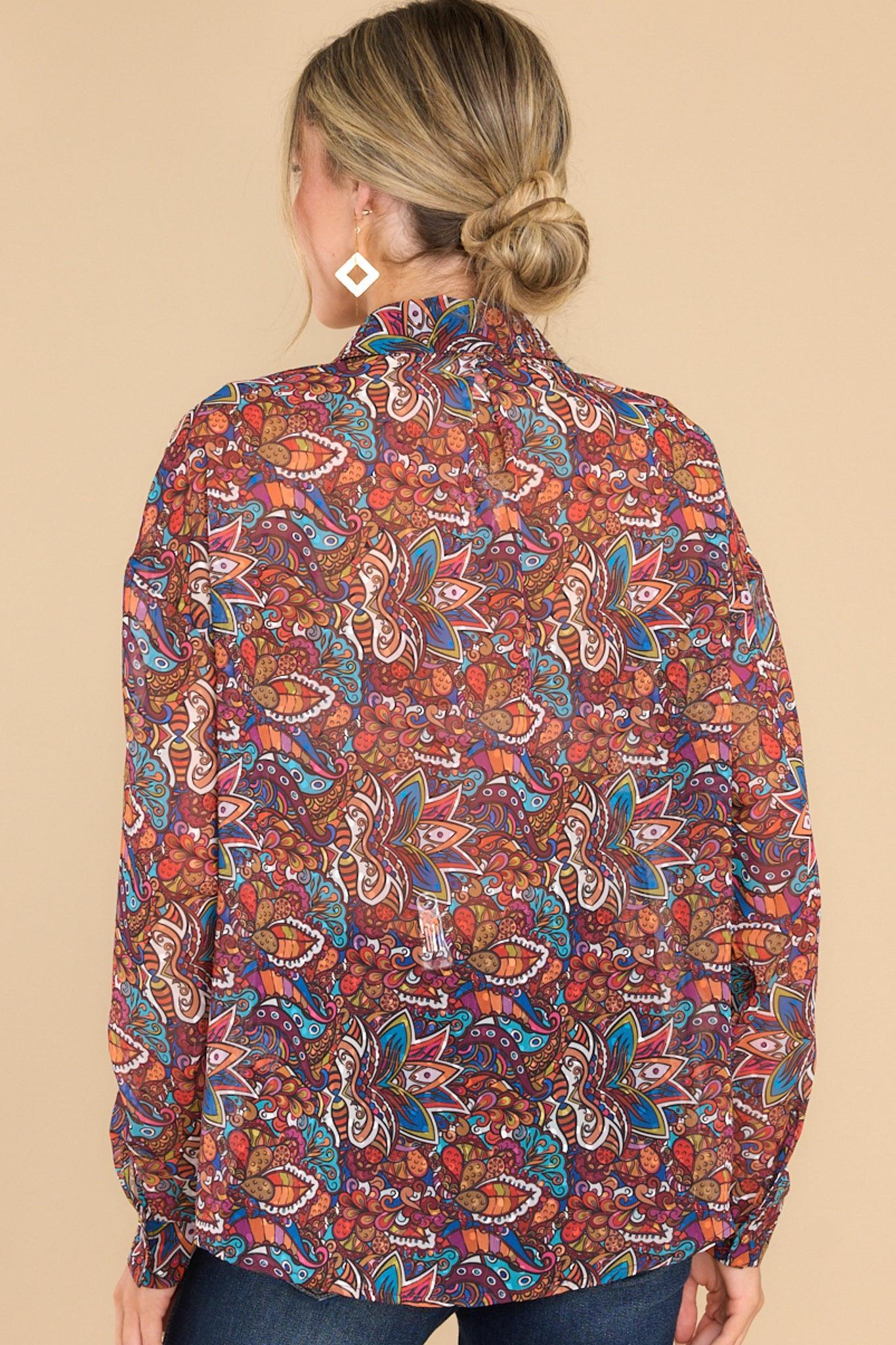 Aura You're All Mine Brown Multi Print Button Front Top Burgundy Product Image