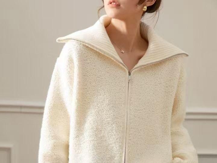 Collared Plain Zip-Up Cardigan Product Image