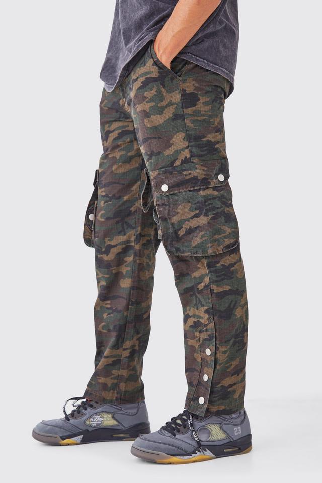 Straight Leg 3d Multi Cargo Camo Trouser With Popper Hem | boohooMAN USA Product Image