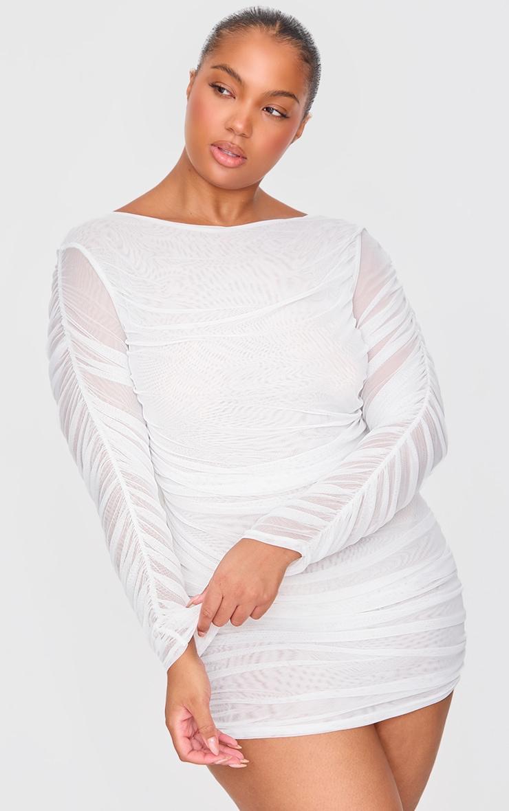 Premium White Double Layer Mesh Ruched Long Sleeve Bodycon Dress Product Image