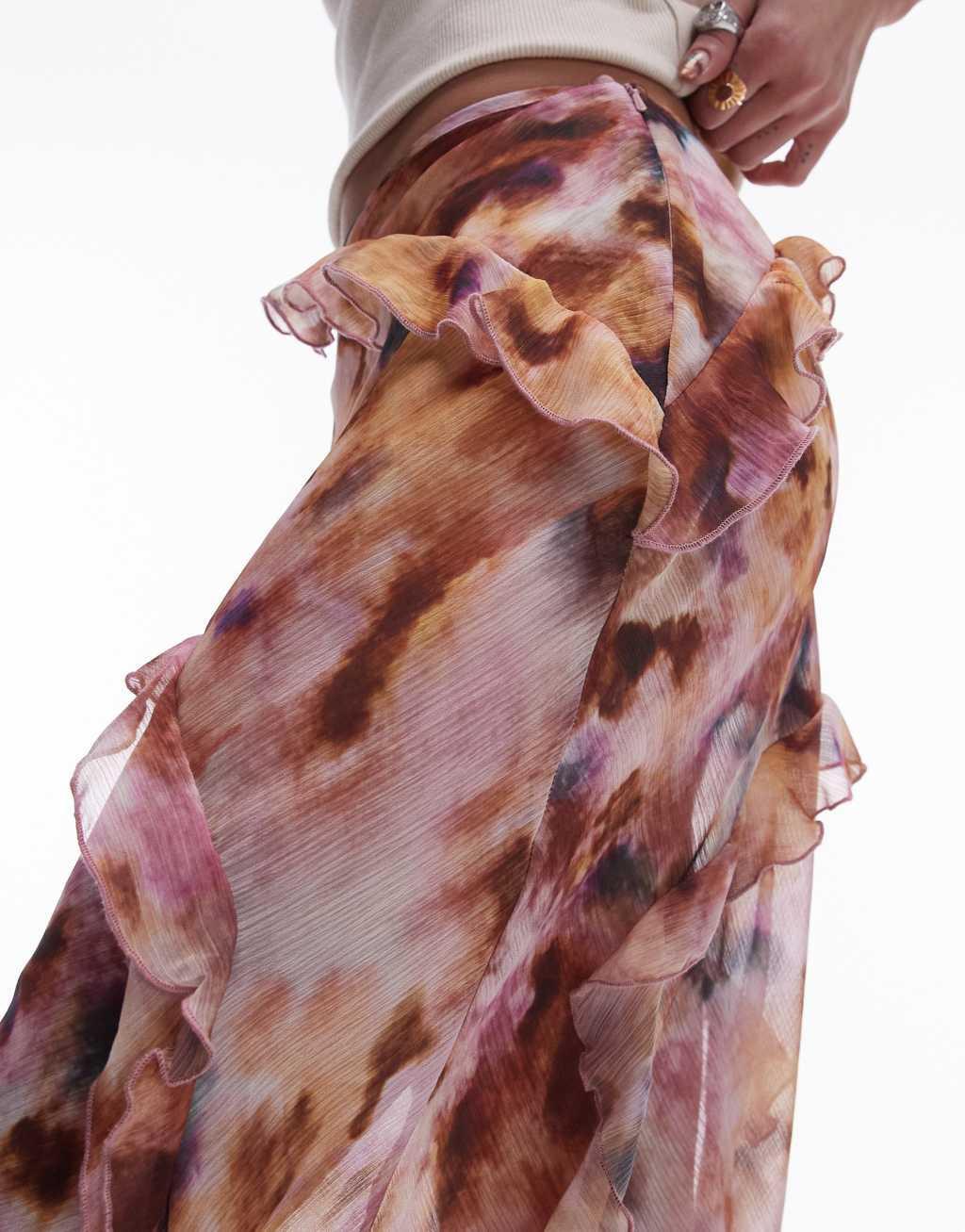 Topshop Ruffle Sheer Maxi Skirt in splodge tie dye Product Image