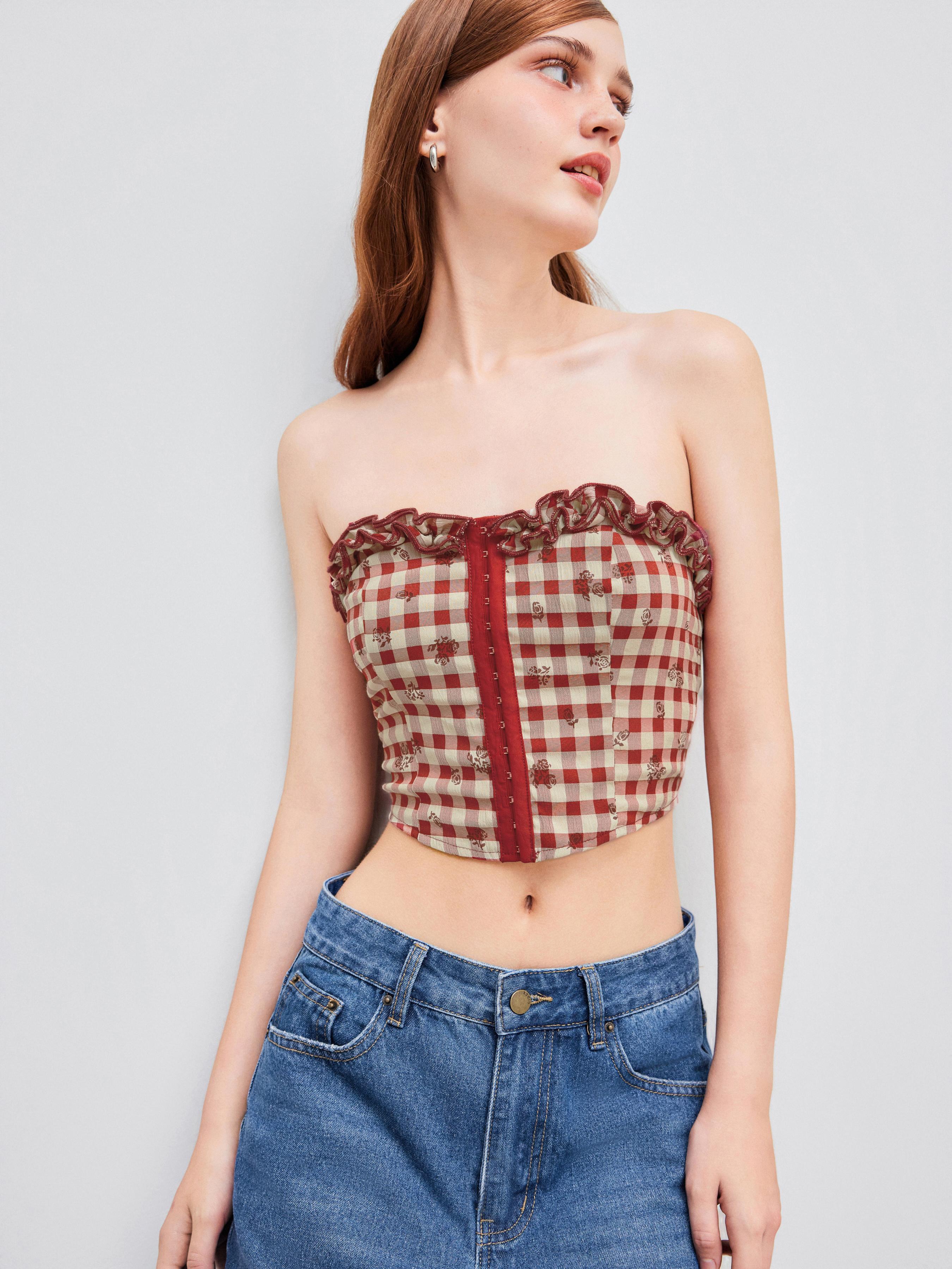 Woven Floral Check Lettuce Trim Corset Crop Tube Top Product Image