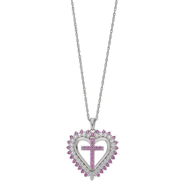 Sterling Silver Lab-Created Pink Sapphire & Lab-Created White Sapphire Heart Cross Pendant, Womens Product Image