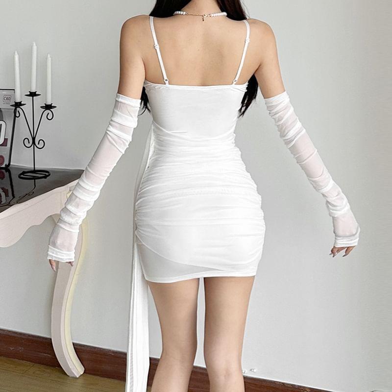 Spaghetti Strap Mesh Panel Mini Bodycon Dress Product Image