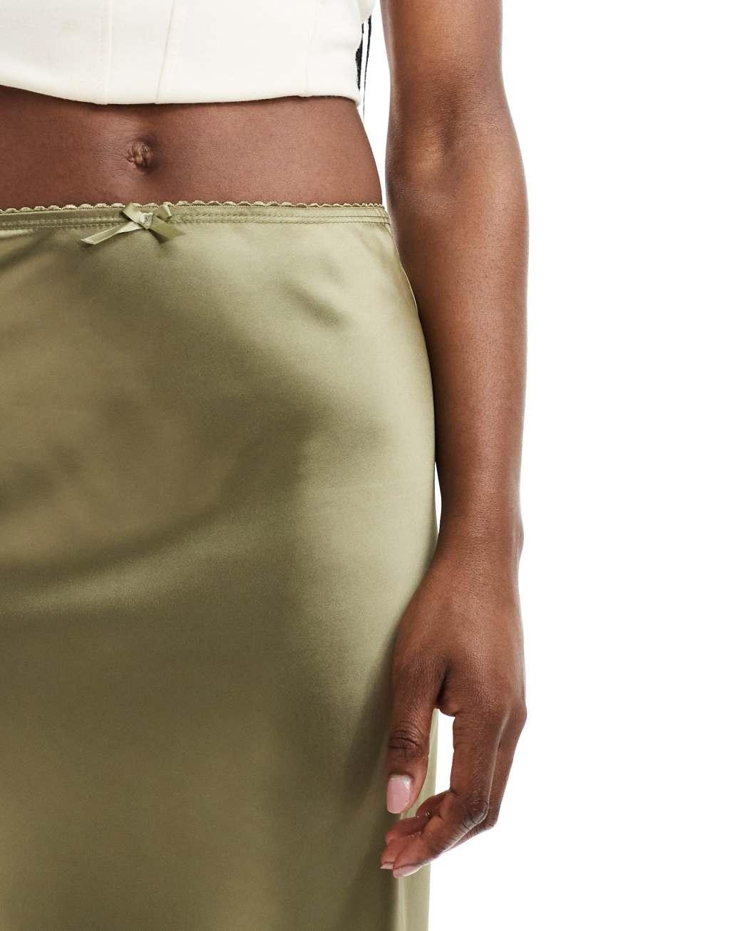 Miss Selfridge satin trim detail bias maxi skirt in khaki Product Image