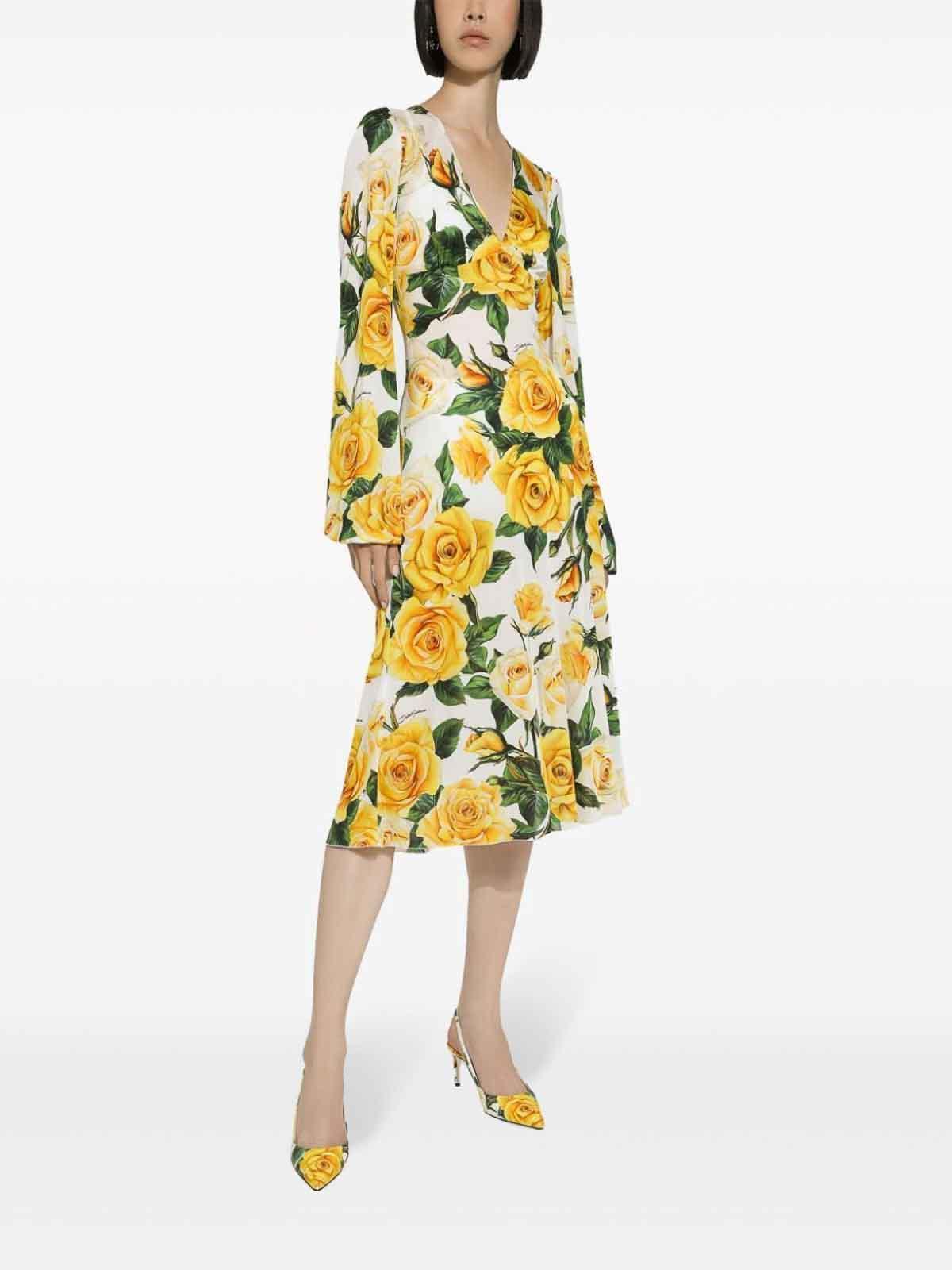 DOLCE & GABBANA Rose Printed Organzino Silk Midi Dress In Rose Gialle Product Image