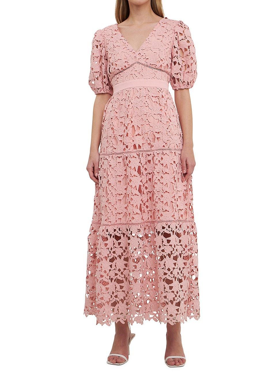 Womens Puff Sleeves Lace Tiered Maxi Dress Product Image