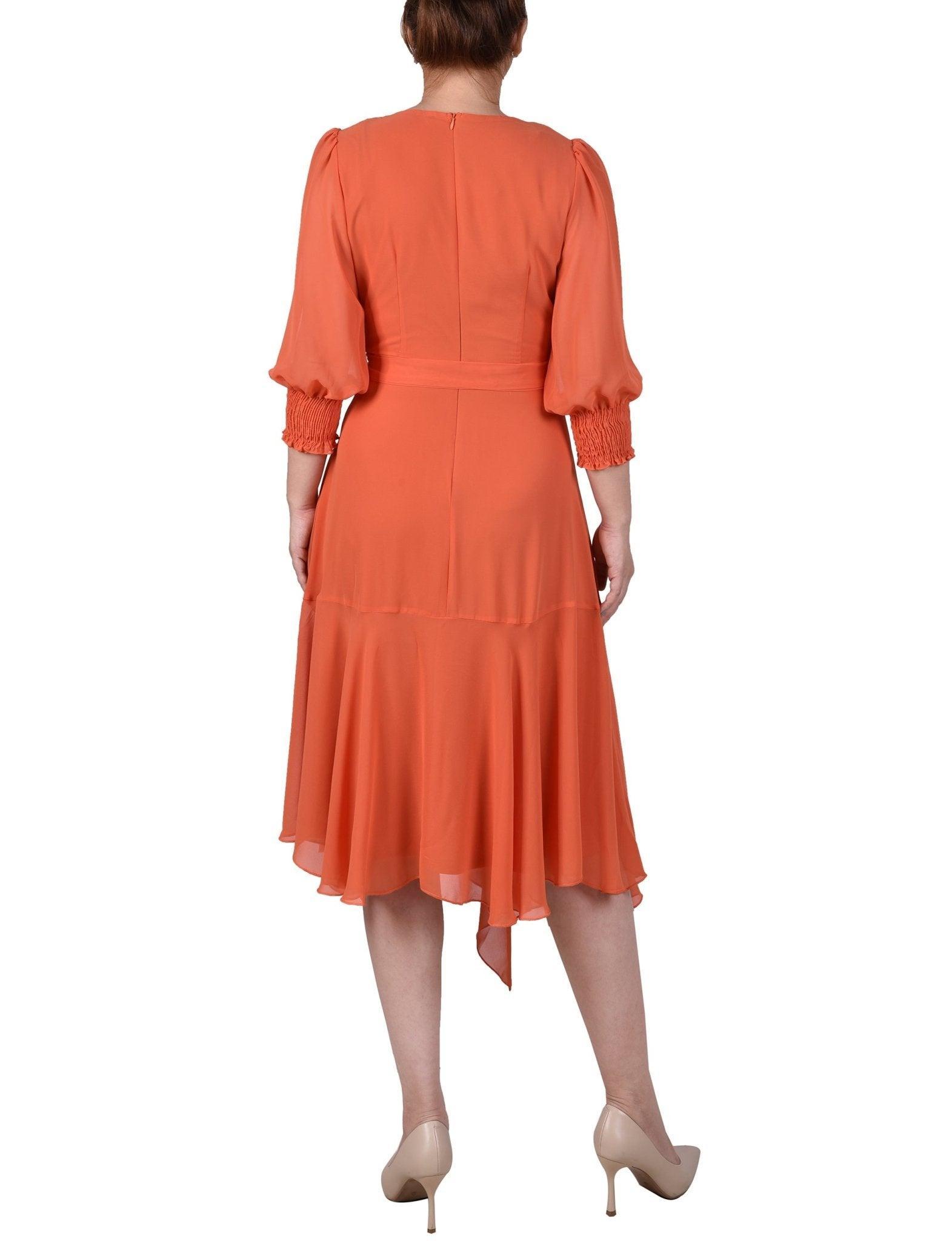 3/4 Length Sleeve Belted Chiffon Handkerchief Hem Dress - Petite Product Image