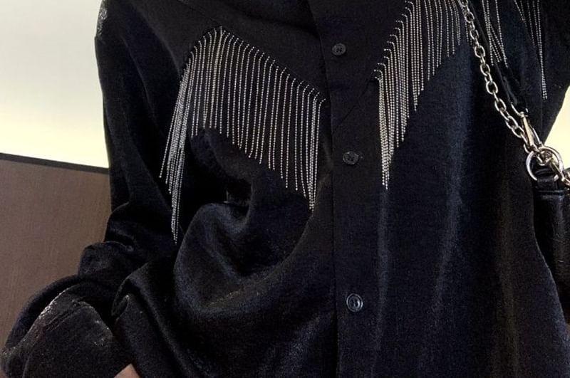 Long-Sleeve Plain Fringed Oversized Shirt Product Image