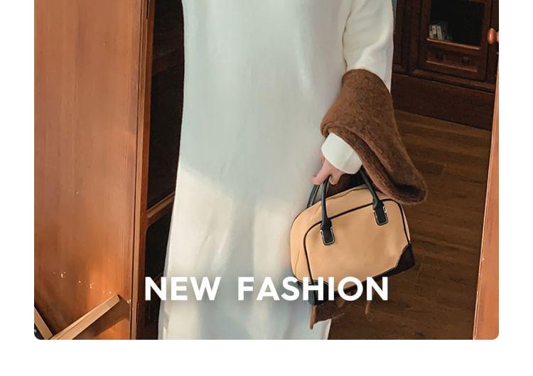 Long Sleeve Round Neck Plain Knit Midi A-Line Dress Product Image