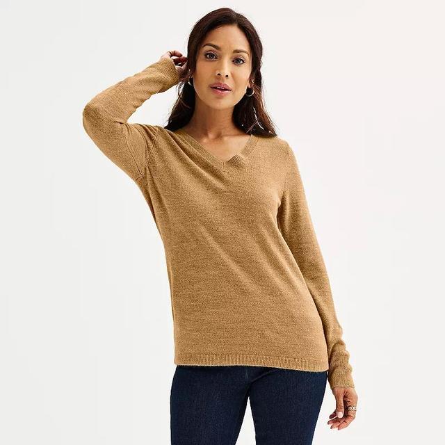 Petite Croft & Barrow The Extra Soft V-Neck Sweater, Womens Camel Grey Product Image