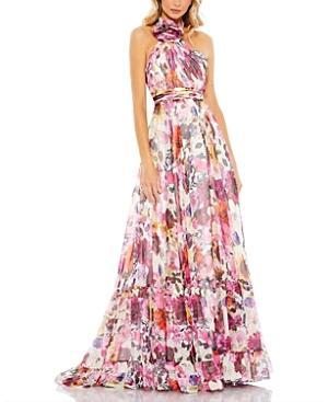 Mac Duggal Floral Halter Neck Rosette Sleeveless Gown Product Image