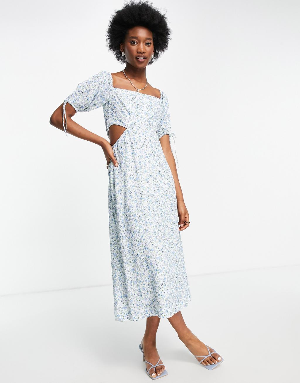 Ever New bardot puff sleeve cut out midi dress in blue ditsy floral Product Image