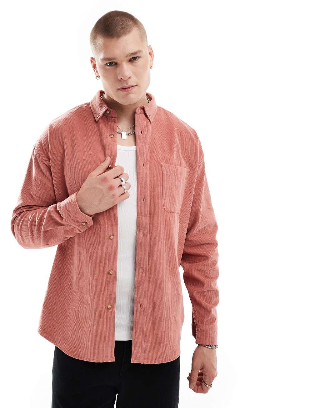 ASOS DESIGN '90s oversized cord shirt in pink Product Image