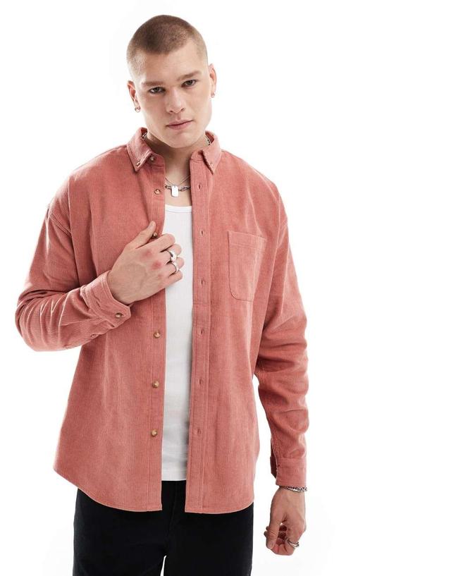 ASOS DESIGN '90s oversized cord shirt in pink Product Image