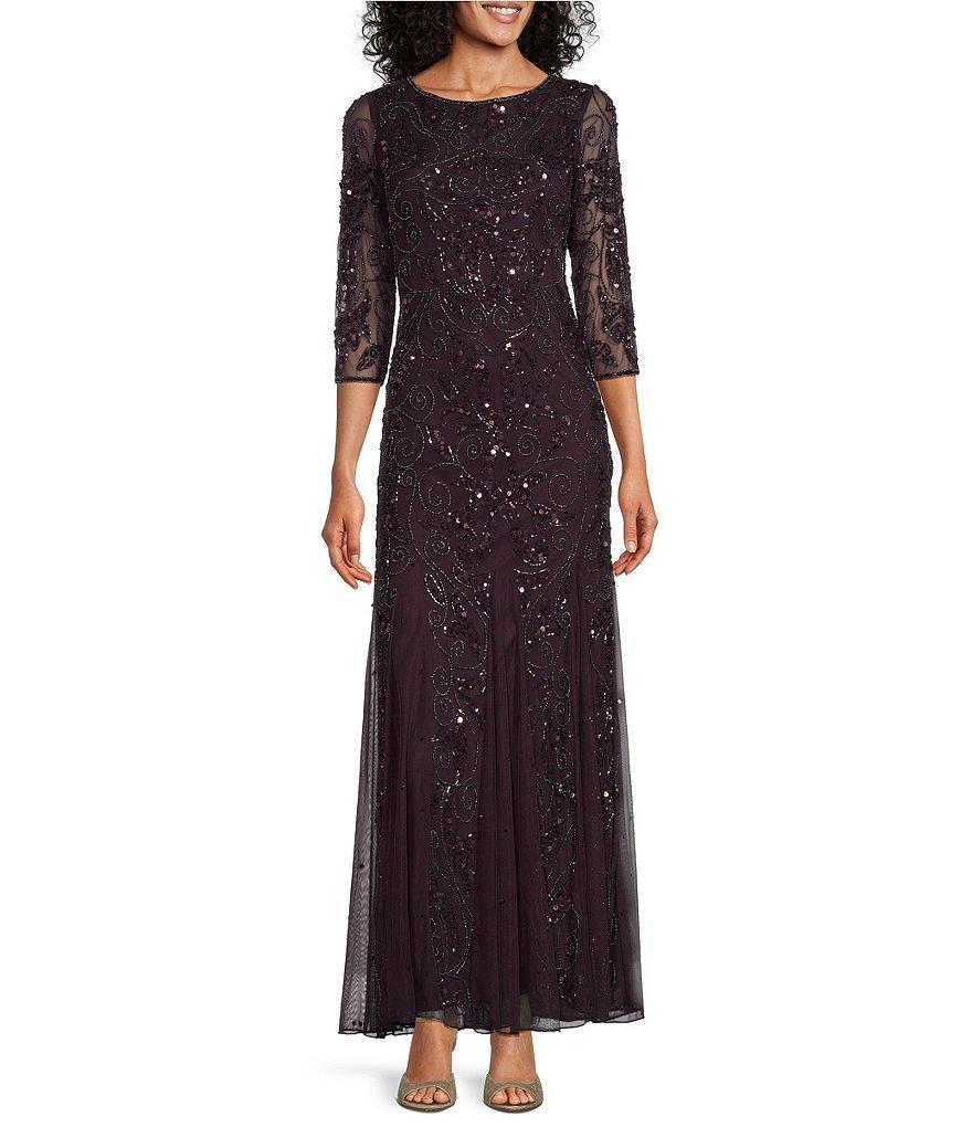 Pisarro Nights Beaded Sequin Boat Neck Illusion 3/4 Sleeve Gown Product Image