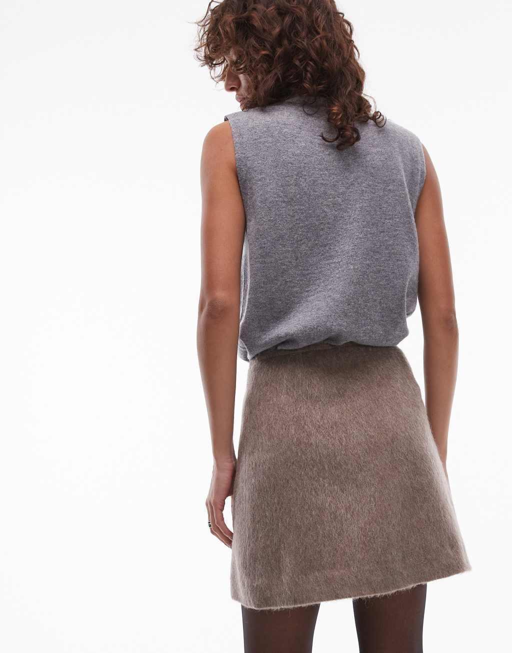 ARKET wool blend hairy texture mini skirt with front button wrap detail in beige Product Image