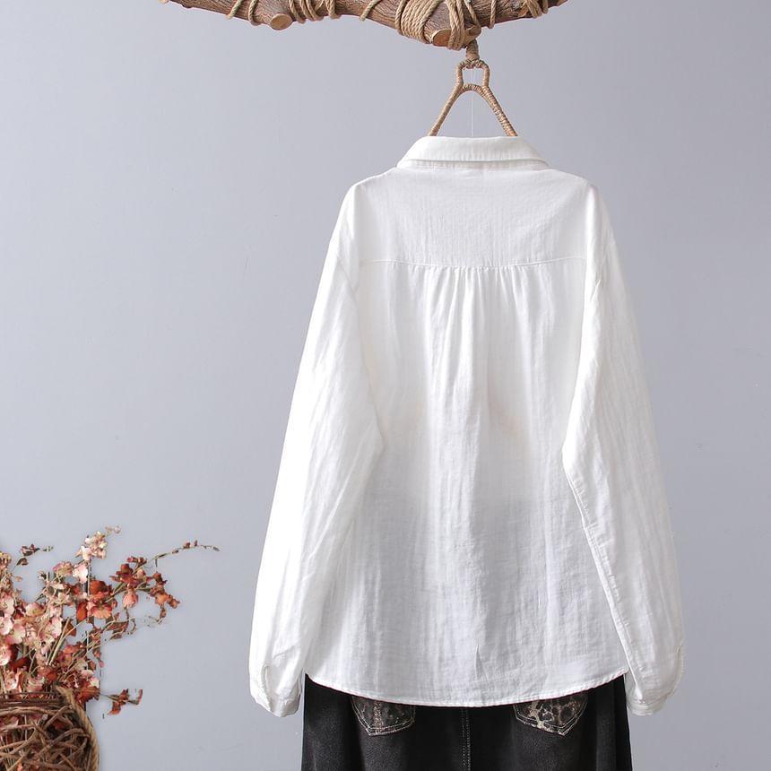 Long Sleeve Lapel Neck Plain Linen Shirt Product Image