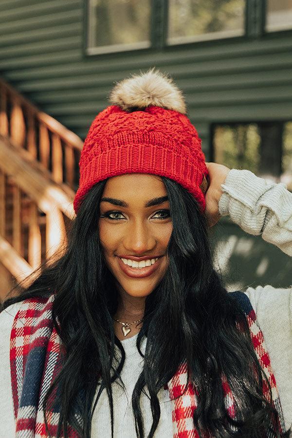 Fall Hike Faux Fur Pom Beanie in Red Product Image