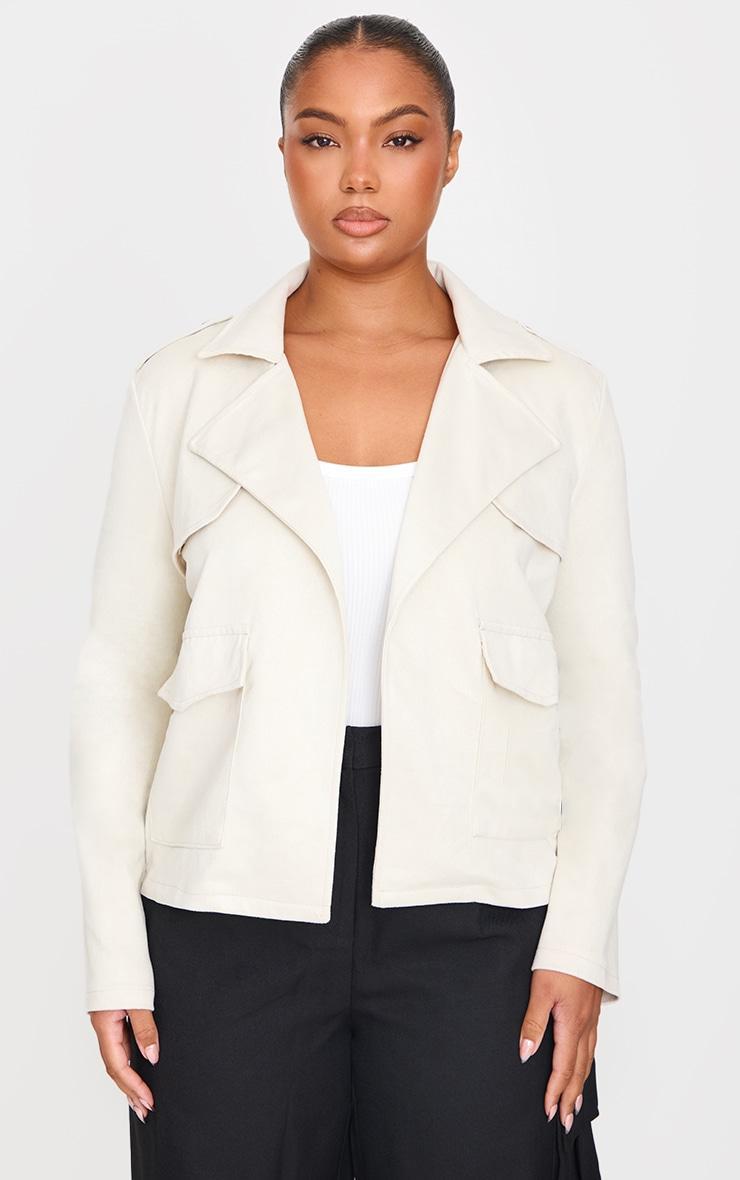 Plus Stone Pocket Detail Faux Suede Cropped Trench Coat Product Image