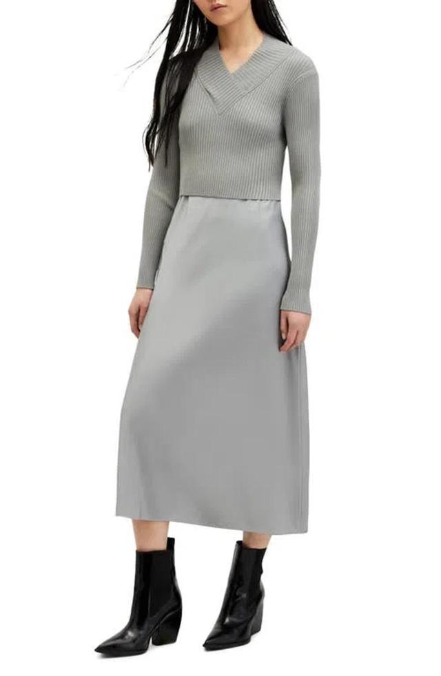 ALLSAINTS Hana Two-piece Crop Rib Sweater & Satin Slipdress In Ultimate Grey Product Image