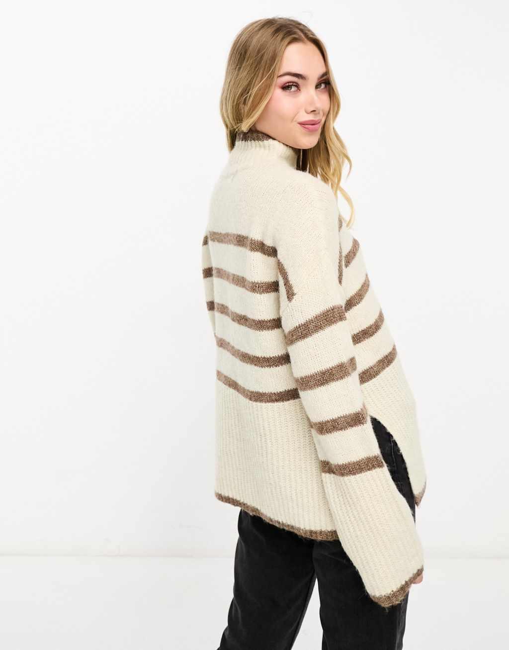 Vero Moda high neck oversized stripe sweater in cream and brown Product Image