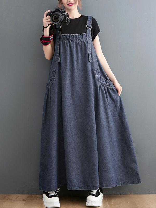 Vintage Loose Artistic Retro Solid Color Strap Denim Midi Dress product image