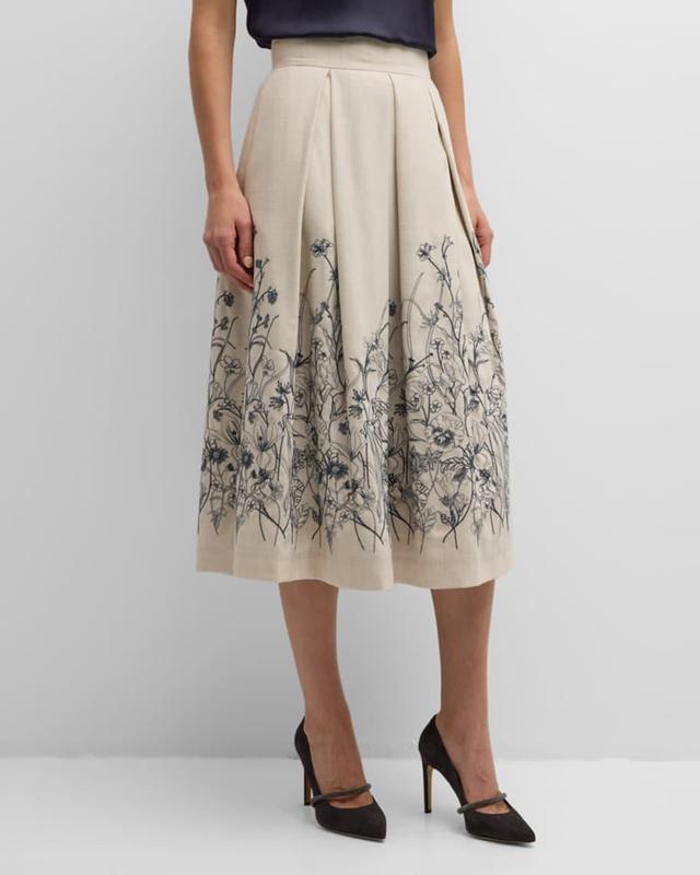 Pleated Floral-Embroidered Midi Skirt Product Image