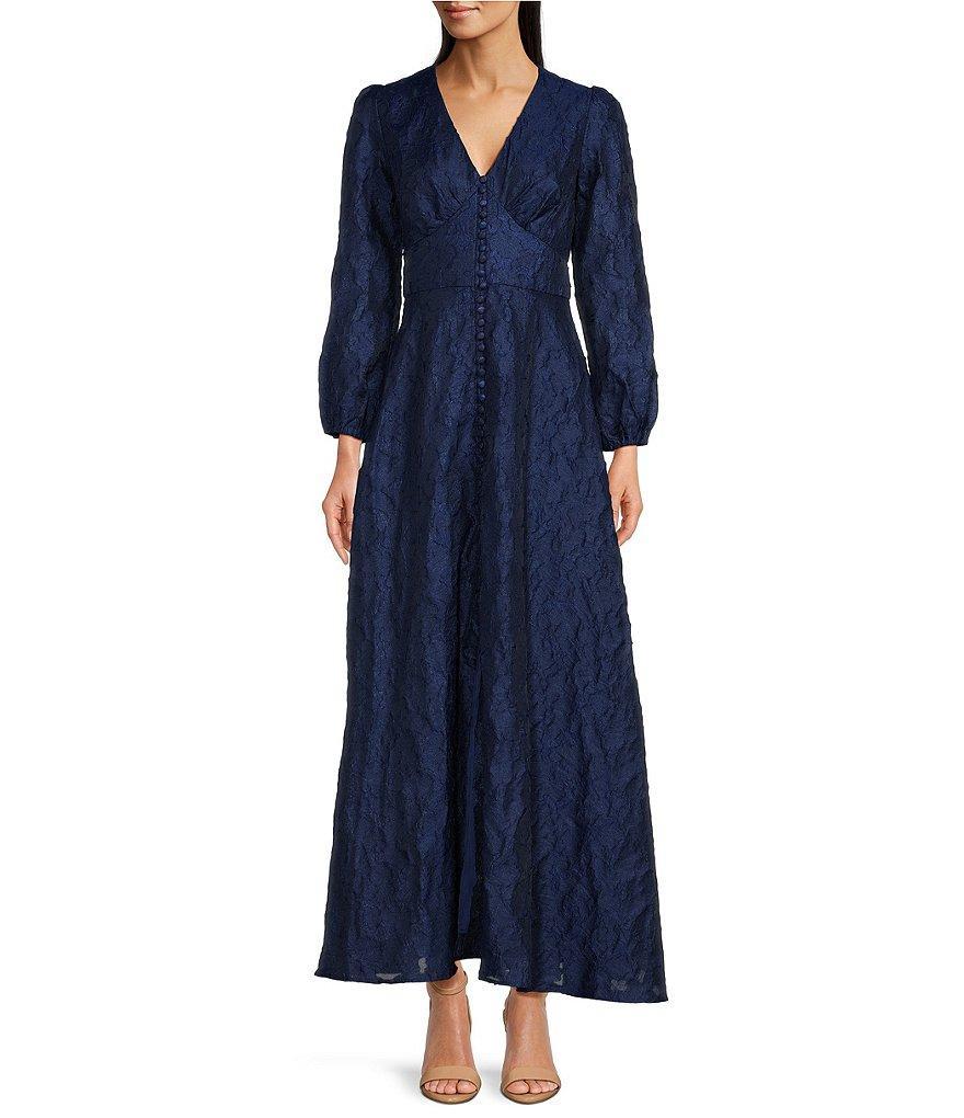 Abbey Glass Brooke Organza V-Neck Long Sleeve Button Front A-Line Maxi Dress Product Image