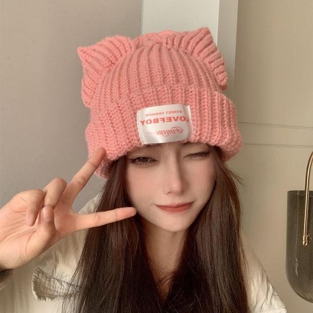 Cat Ear Lettering Applique Knit Beanie Product Image